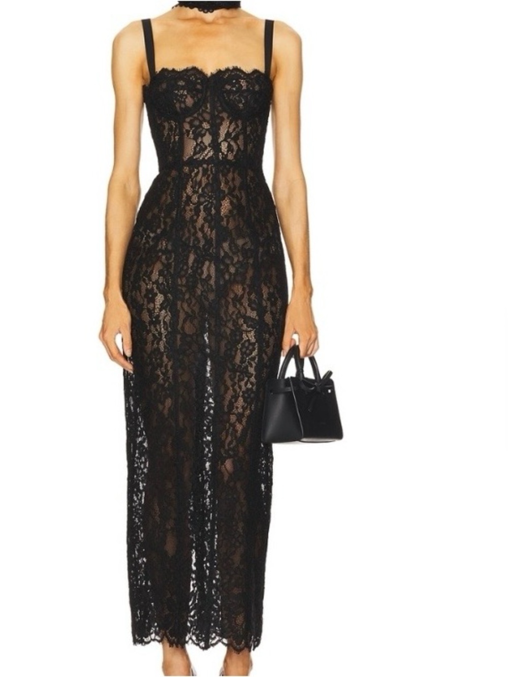Black Lace Helsa Midi Dress with Spaghetti Straps - Picture 3 of 4